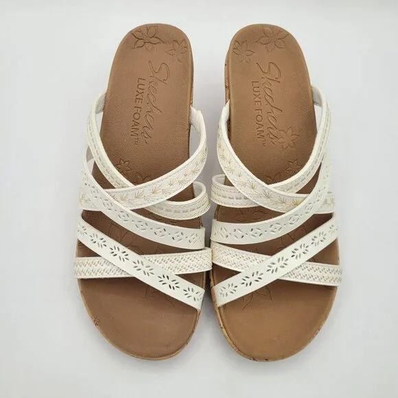 Skechers Beverlee Tiger Posse Sandals Luxe Foam Women's Sz 6 Wedge Strappy White - Picture 2 of 15